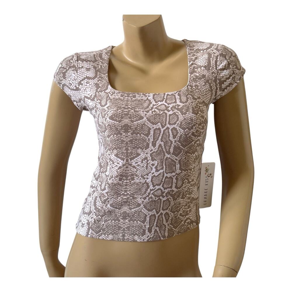 Orange Kiss Snake Print Crop Top Womens Large Brown Stretch Short Sleeve NWT